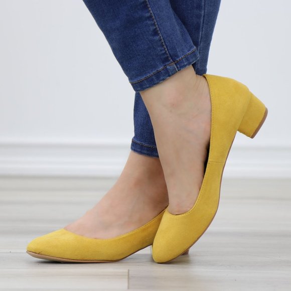 Mustard Faux Suede Close Round Toe Kitten Low Block Heel Pumps - Picture 7 of 13